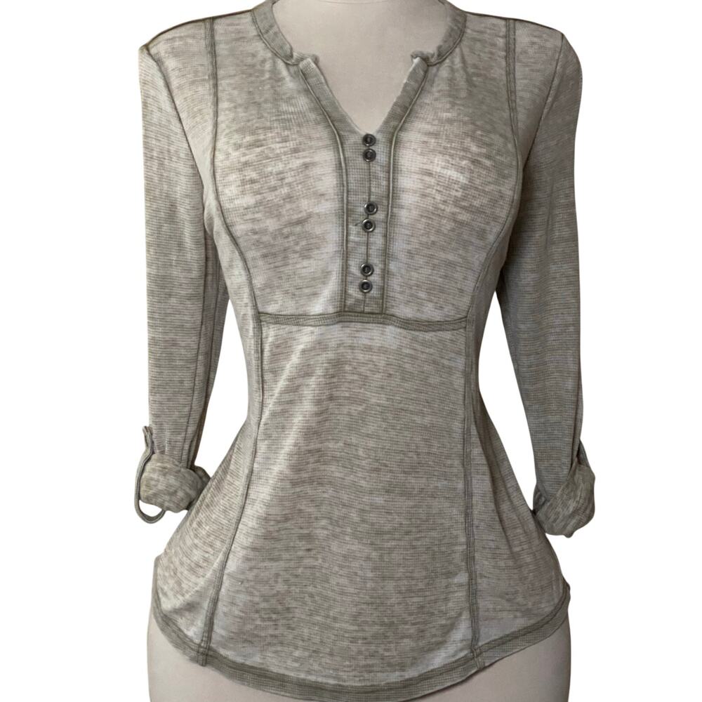 Earthy Minimalist Waffle Knit Soft Lightweight Henley Neutral Long Sleeve Boho